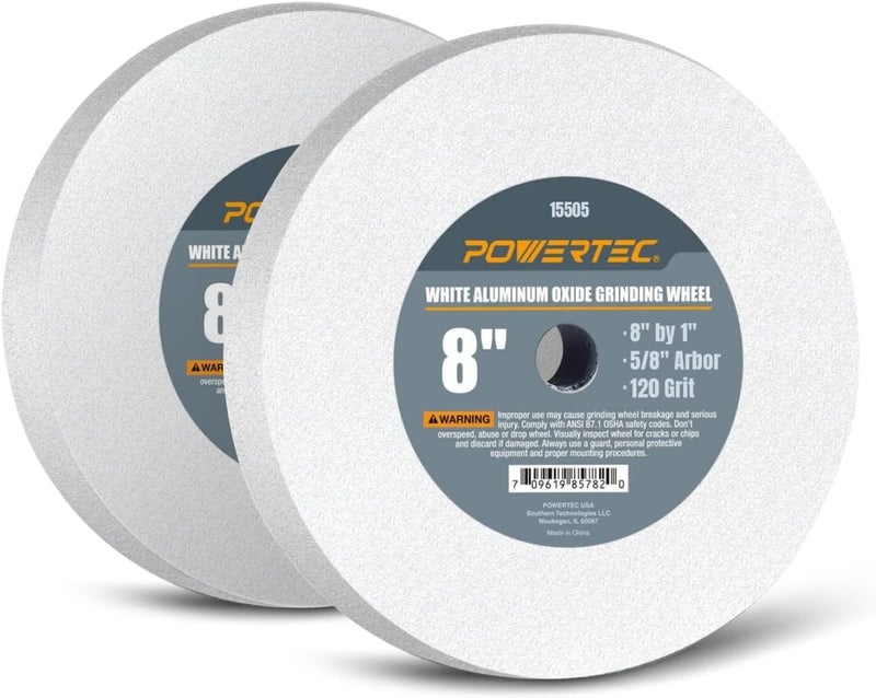 POWERTEC Bench Grinder Wheel 2PK, 8 Inch Grinding Wheel 120 Grit, White Aluminum Oxide, 8 Bench Grinder Wheels for Pedestal & Benches, 1" Thick 5/8" Arbor, Sharpening Shaping Drill Bit Knife -15505-P2 - Image 1